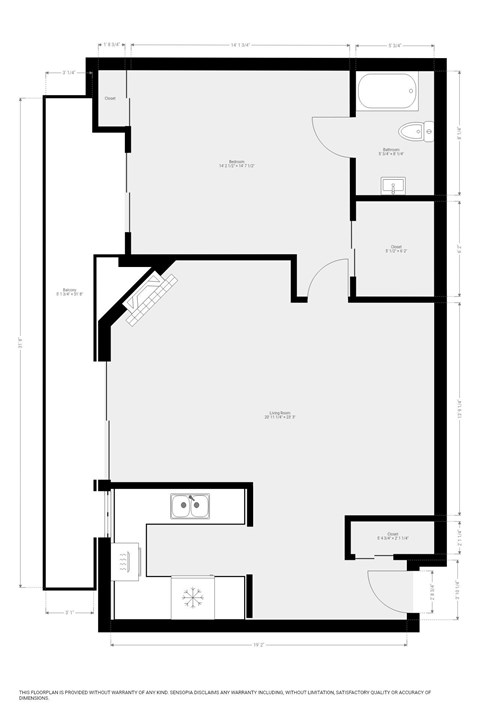 A black and white floor plan of an 1 bedroom, 1 bath apartment with labeled rooms and dimensions of unit 203 at 1059 South Bedford Street.